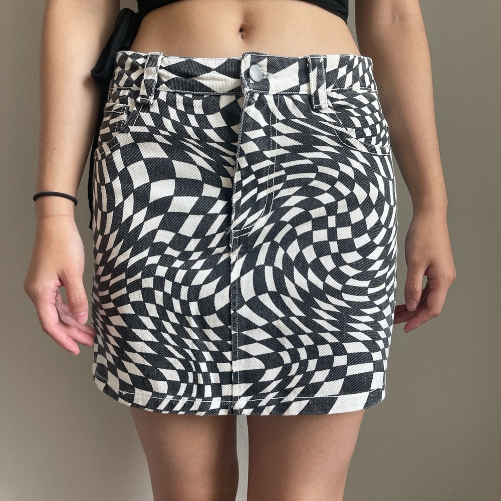 RSQ Black and white checkered denim skirt with a zipper and button closure
